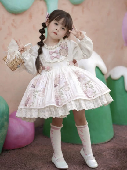 Girls Teddy-Bear Lolita Dress - Fleece-Lined Cosy Birthday Princess Gown