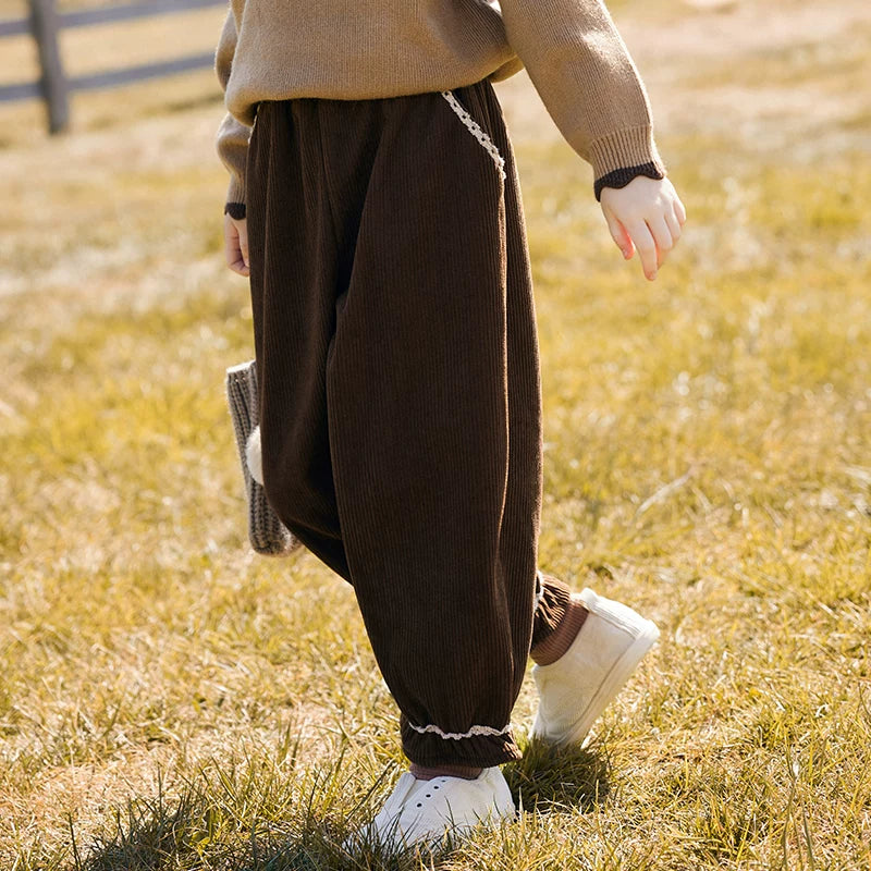 Girls Fleece-Lined Corduroy Joggers - Ruffle-Cuff Warm Pants