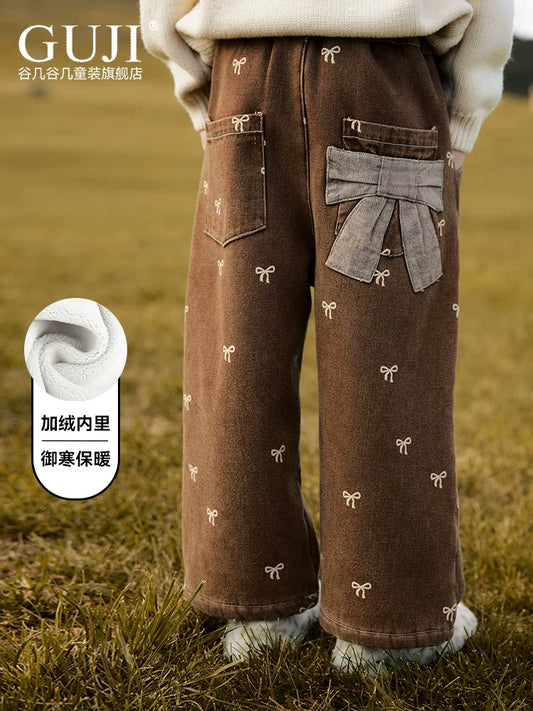 Girls Fleece-Lined Retro Pants - Cosy Forest-Style Sweatpants