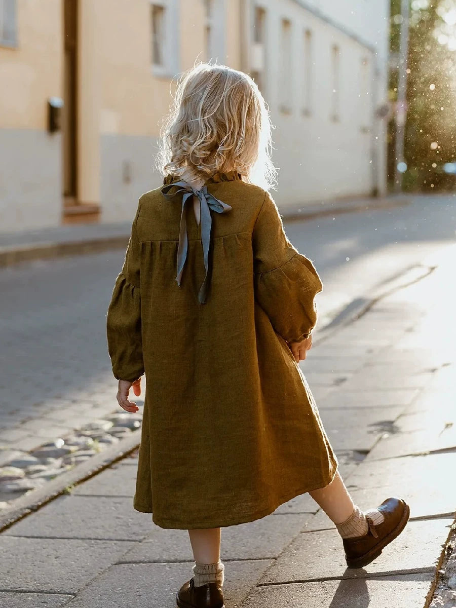 Belgian Linen Nordic Dress - Embroidered Long-Sleeve with Sash