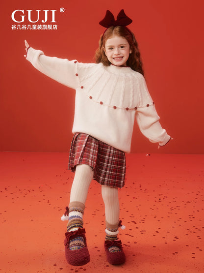 Girls New Year Red Sweater - Thick Festive Knit Pullover