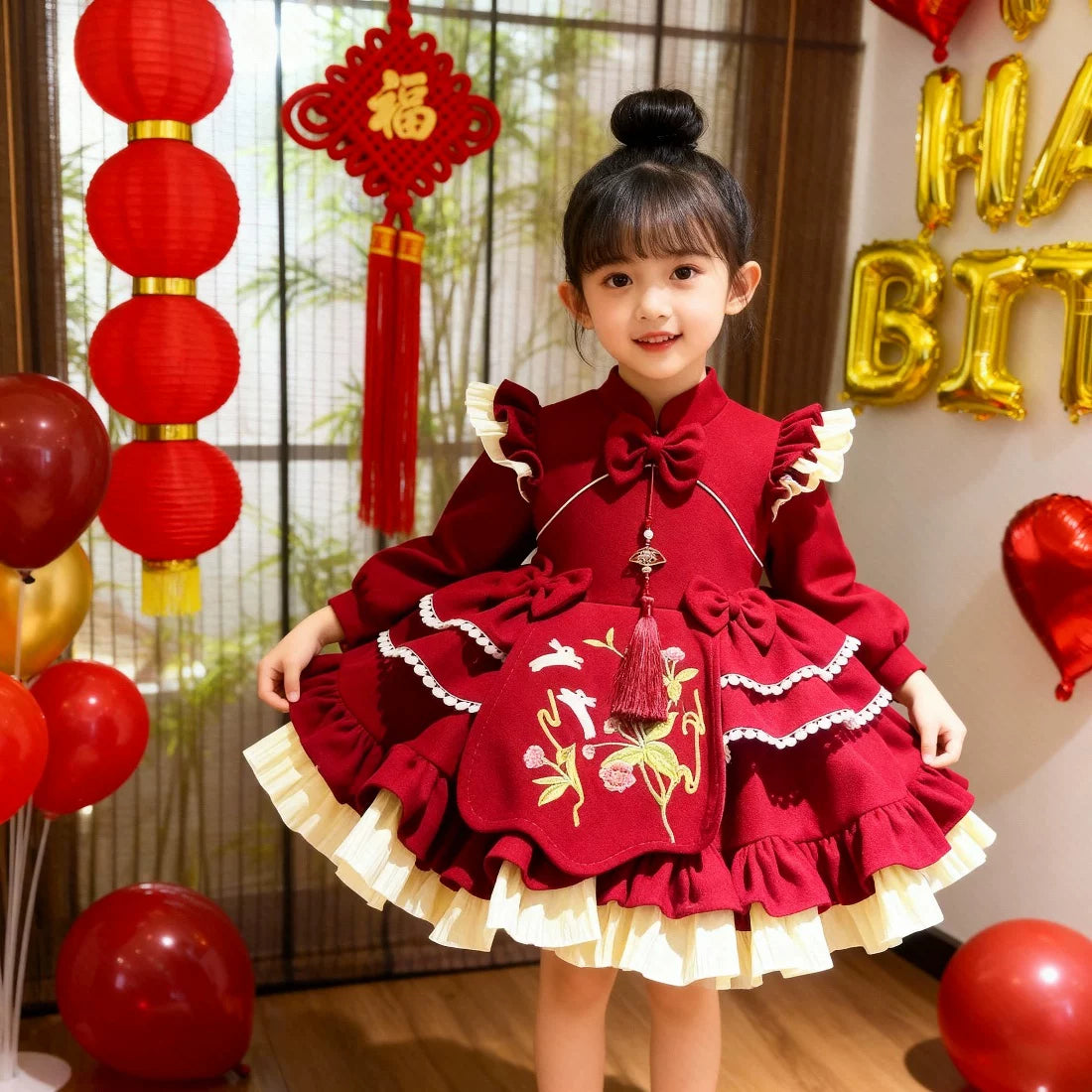 Girls Red Fleece-Lined Lolita Birthday Dress - Festive Puffy Gown