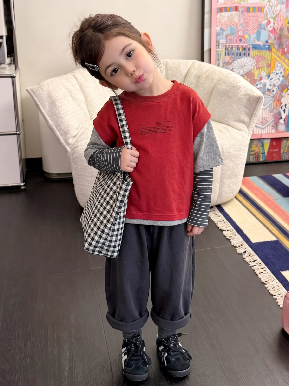 Girls Letter Print Faux Two-Piece Tee - Korean Contrast Layering
