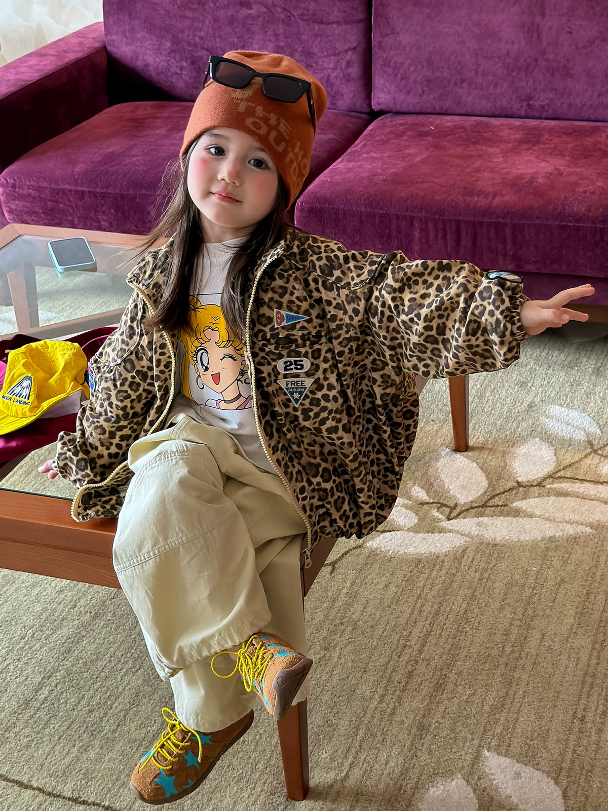 Girls Leopard Print Jacket Set - Retro Zip-Up Autumn Three-Piece