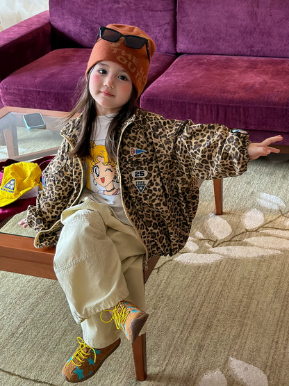 Girls Leopard Print Jacket Set - Retro Zip-Up Autumn Three-Piece