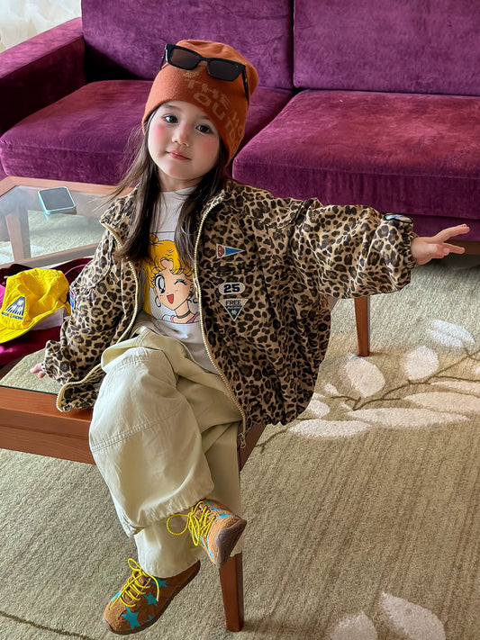 Girls Leopard Print Jacket Set - Retro Zip-Up Autumn Three-Piece