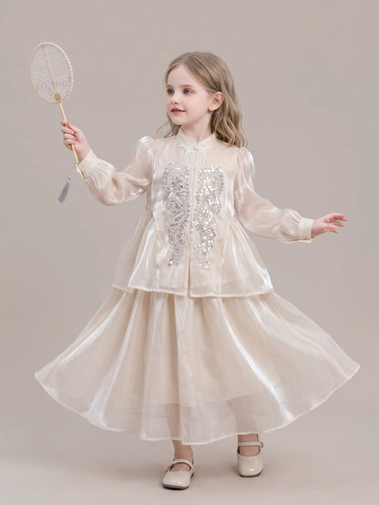 Girls New-Chinese Hanfu Set - Embroidered Top & Skirt Two-Piece