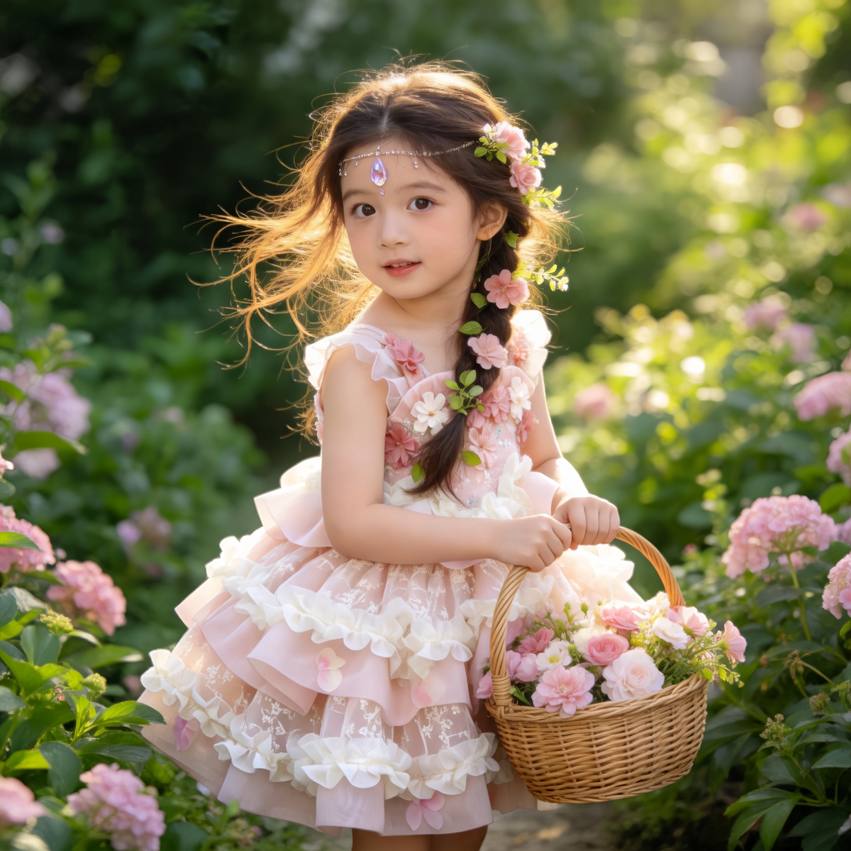 Girls Flower-Fairy Lolita Dress - Pink Puffy Birthday Gown with Train Option