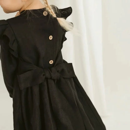 Girls Nordic Linen Dress - Black Long-Sleeve Autumn