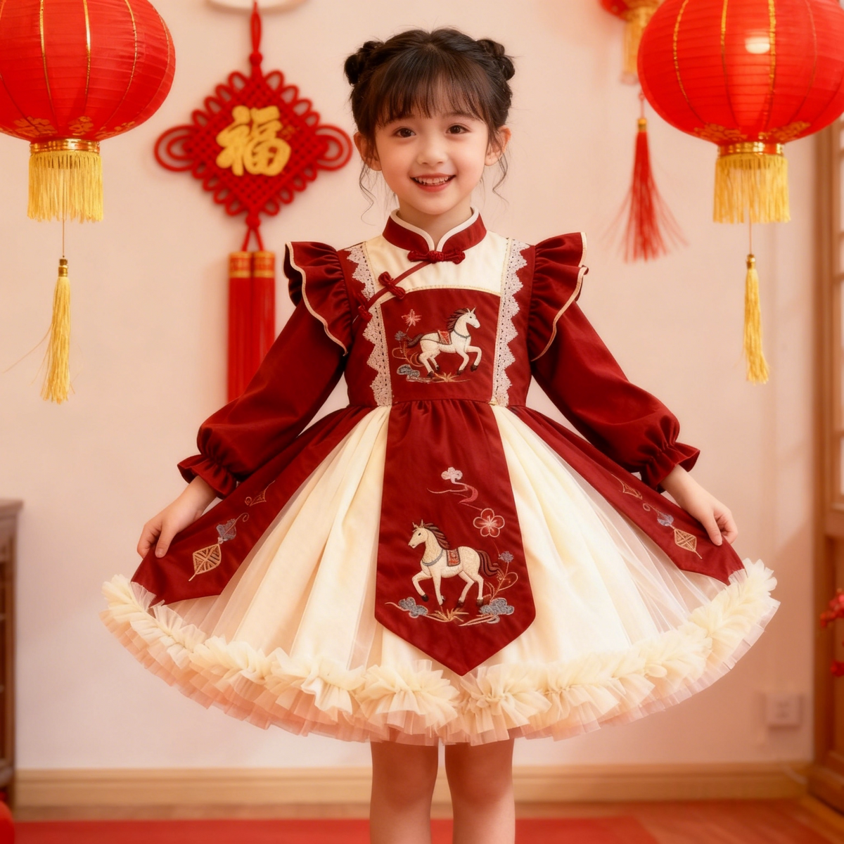 Girls Horse-Embroidered Fleece-Lined New-Year Dress - Tang-Style Princess Gown