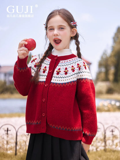 Girls Festive Red Knit Cardigan - Round Neck Holiday Sweater