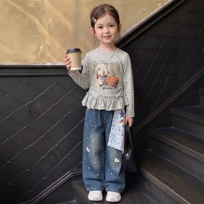 Girls Long-Sleeve Printed Tee & Bandana-Print Jeans Set - Pure Cotton Autumn Separates