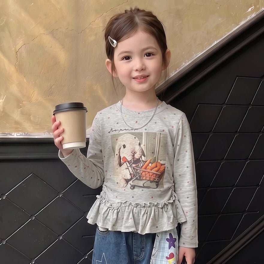Girls Long-Sleeve Printed Tee & Bandana-Print Jeans Set - Pure Cotton Autumn Separates