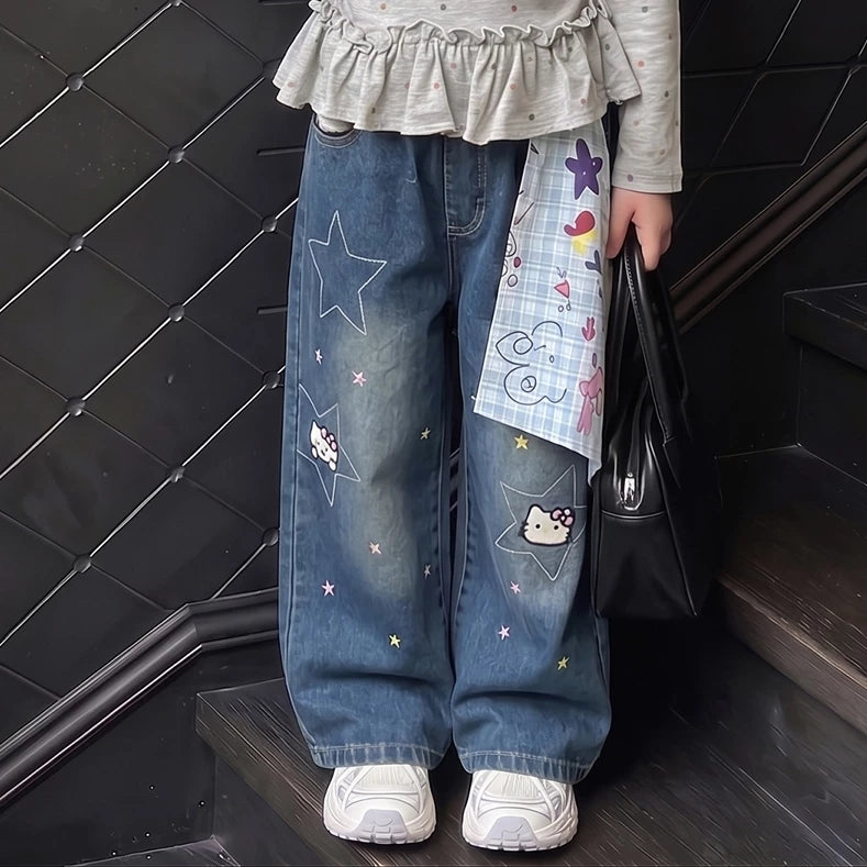 Girls Long-Sleeve Printed Tee & Bandana-Print Jeans Set - Pure Cotton Autumn Separates