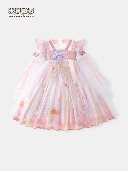 Girls Hanfu-Style Dress - Mesh-Panel National-Style Princess Gown