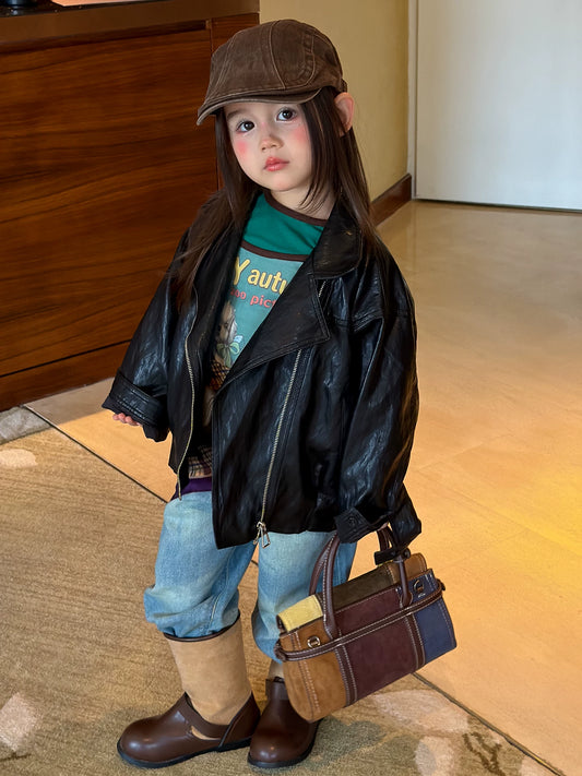 Girls PU Biker Jacket & Flare Jeans Set - Retro Moto Autumn