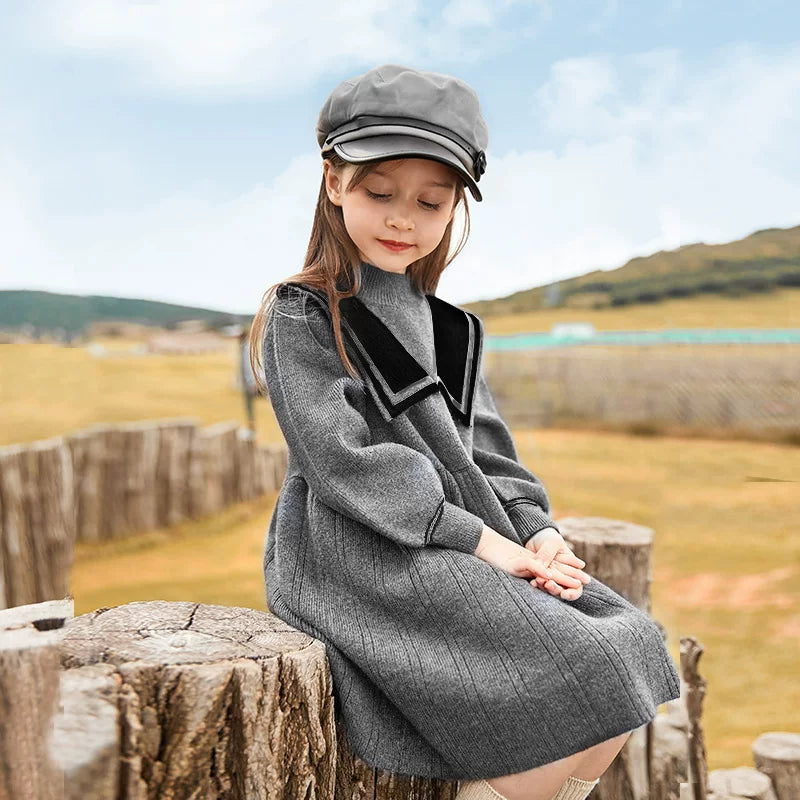 Girls Fleece-Lined Knit Dress - Preppy Princess Sweater Dress