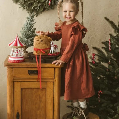 Girls Nordic Linen Dress - Classic Long-Sleeve Autumn
