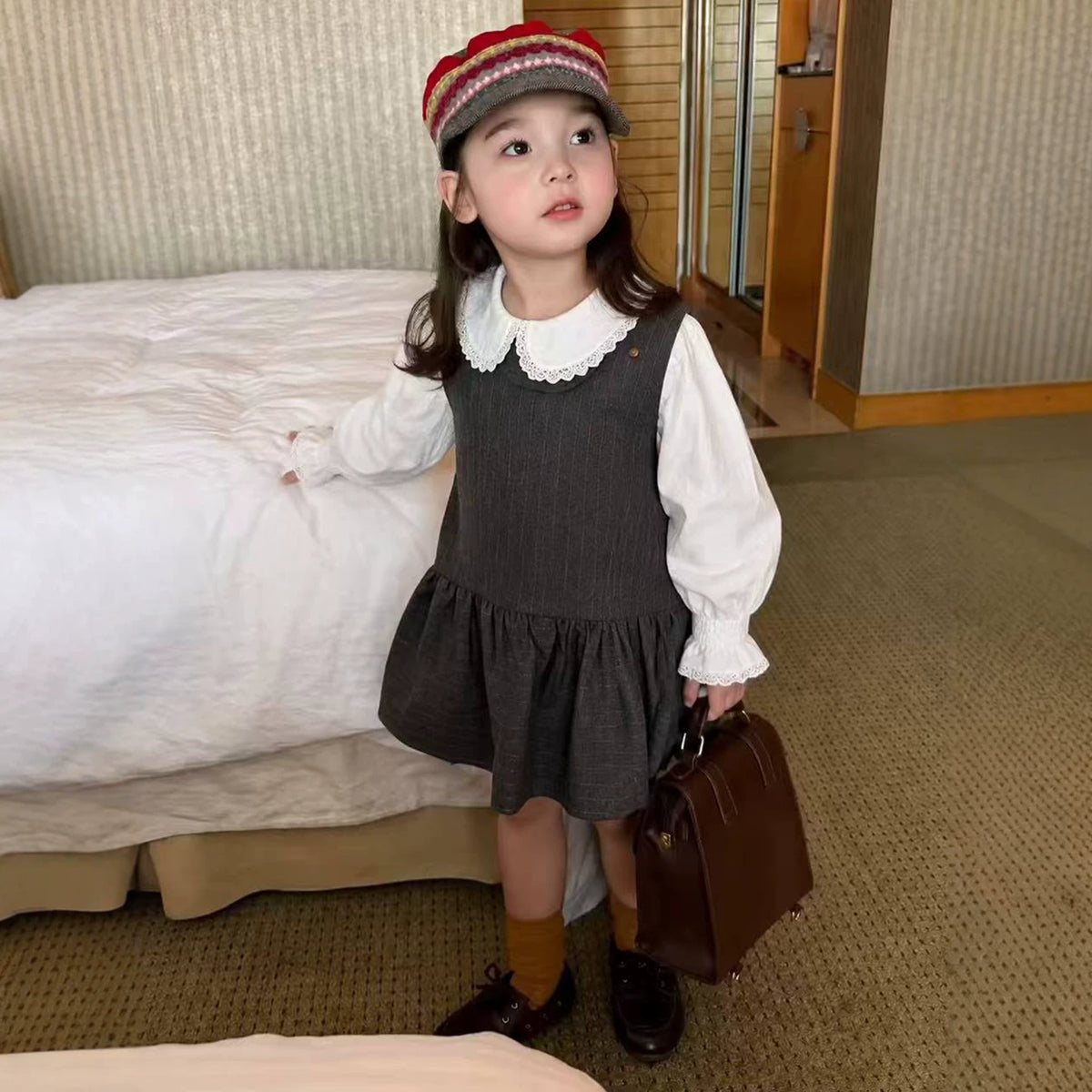 Girls Pinafore Dress & Ruffle Blouse Set - Preppy Autumn