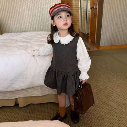 Girls Pinafore Dress & Ruffle Blouse Set - Preppy Autumn