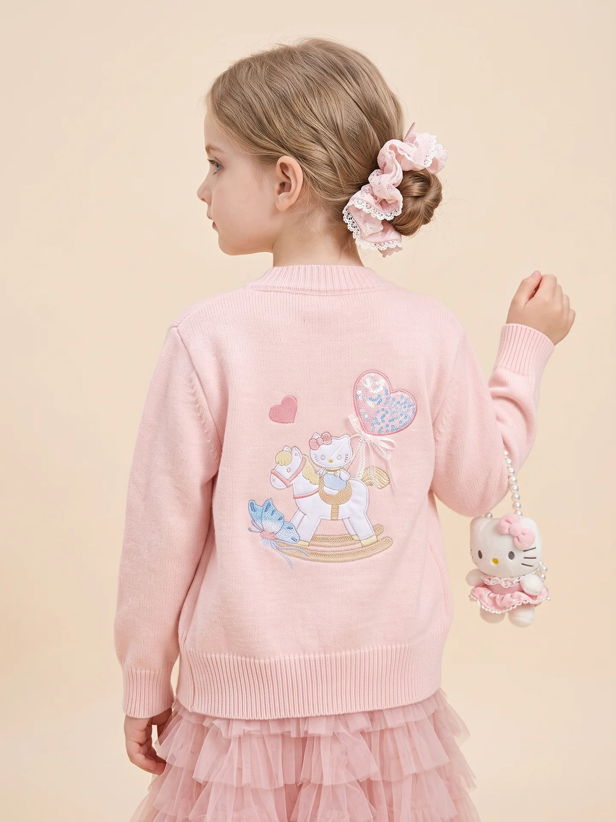 Girls Knit Cardigan, Top & Skirt Set - Cartoon Embroidered Three-Piece