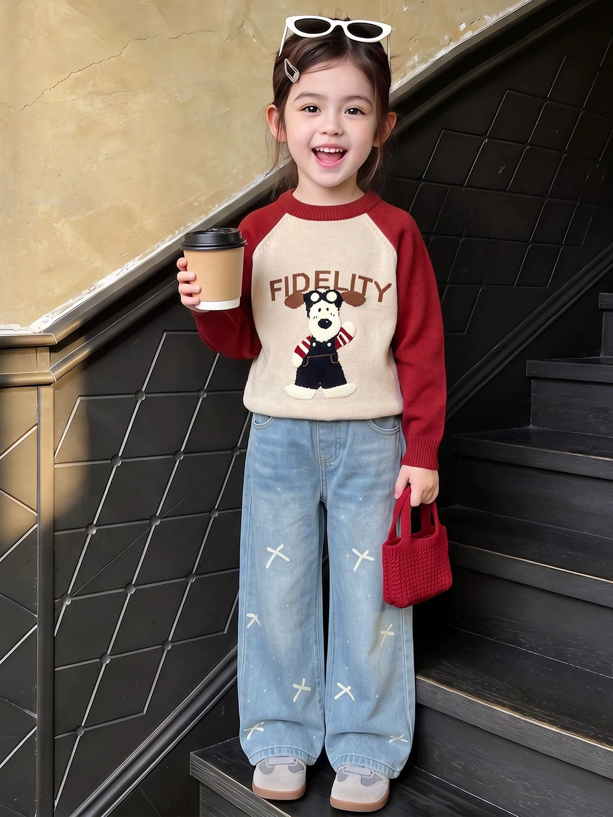 Girls Knit Sweater & Wide-Leg Jeans Set - Soft Autumn Two-Piece