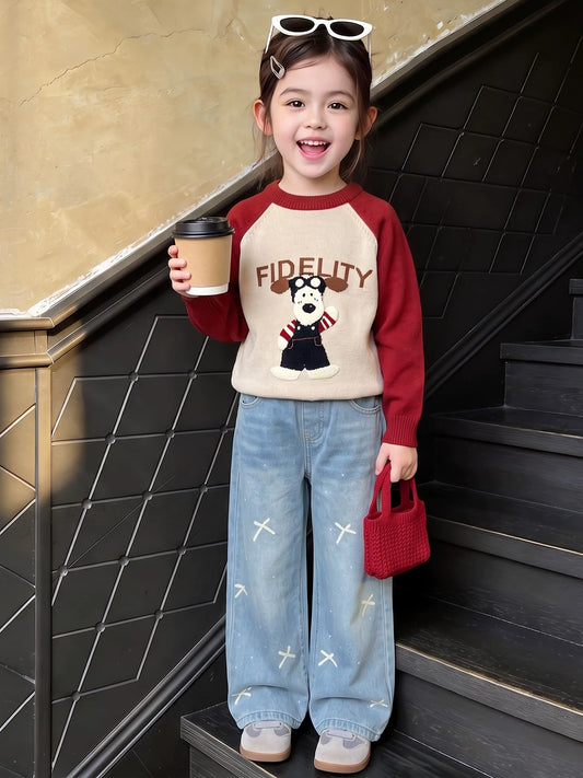 Girls Knit Sweater & Wide-Leg Jeans Set - Soft Autumn Two-Piece