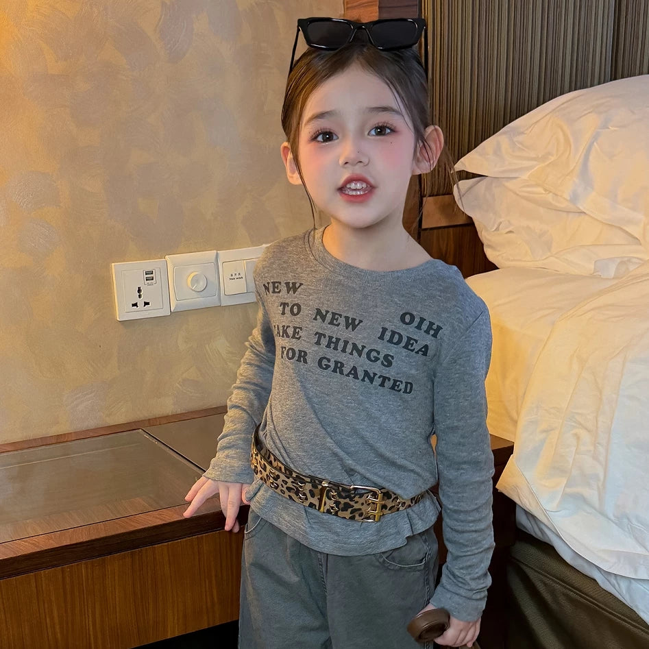Girls Long-Sleeve Tee & Cargo Flare Pants Set - Korean Autumn Two-Piece