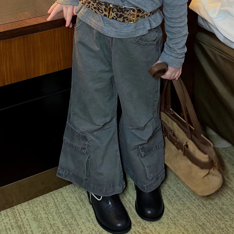 Girls Long-Sleeve Tee & Cargo Flare Pants Set - Korean Autumn Two-Piece
