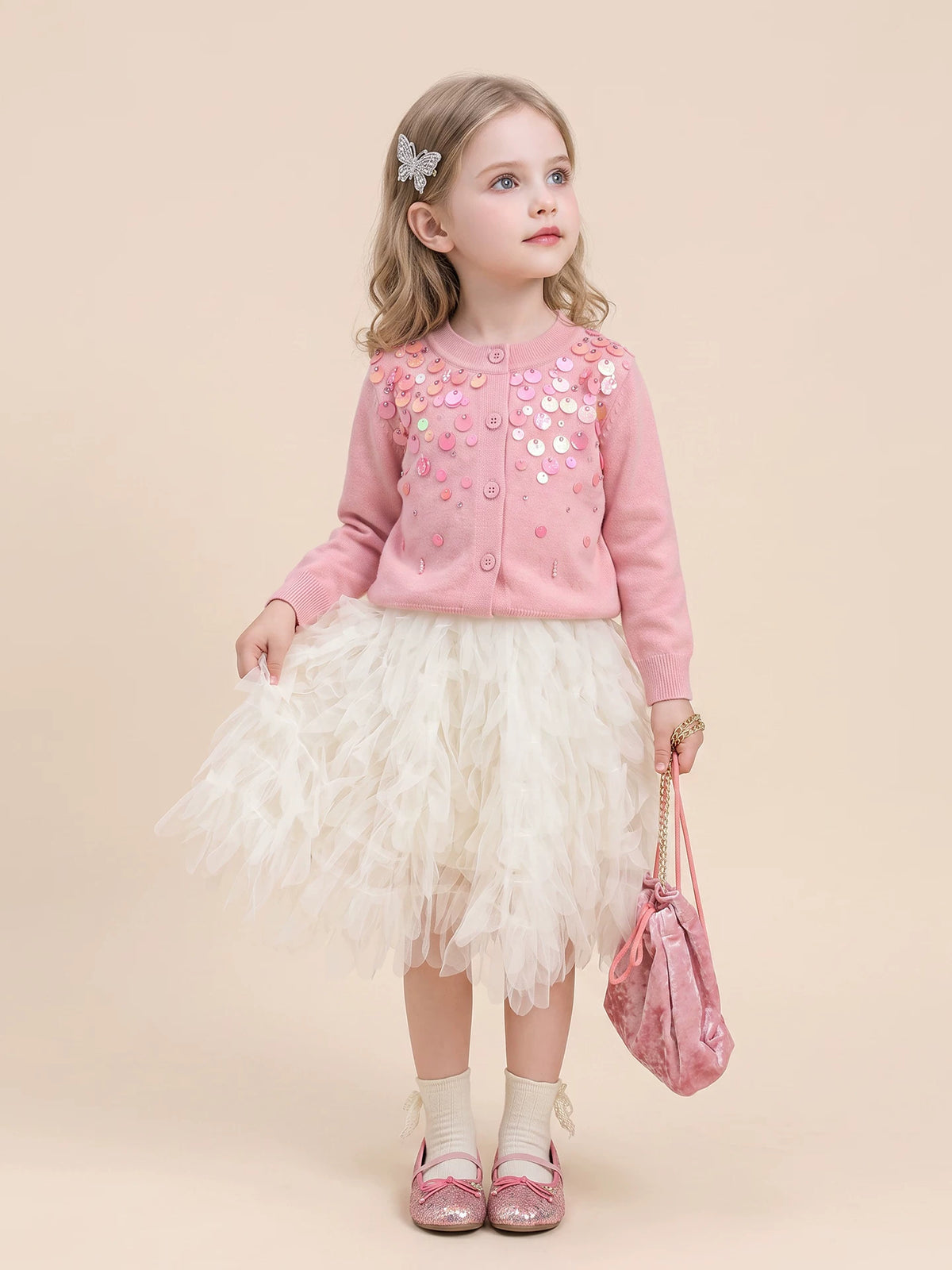 Girls Sequin Knit Cardigan - Soft Andrea-Yarn Top & Set Options