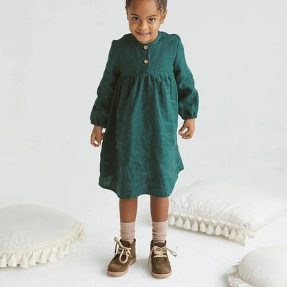 Girls Nordic Linen Dress - Euro-Style Deep Green