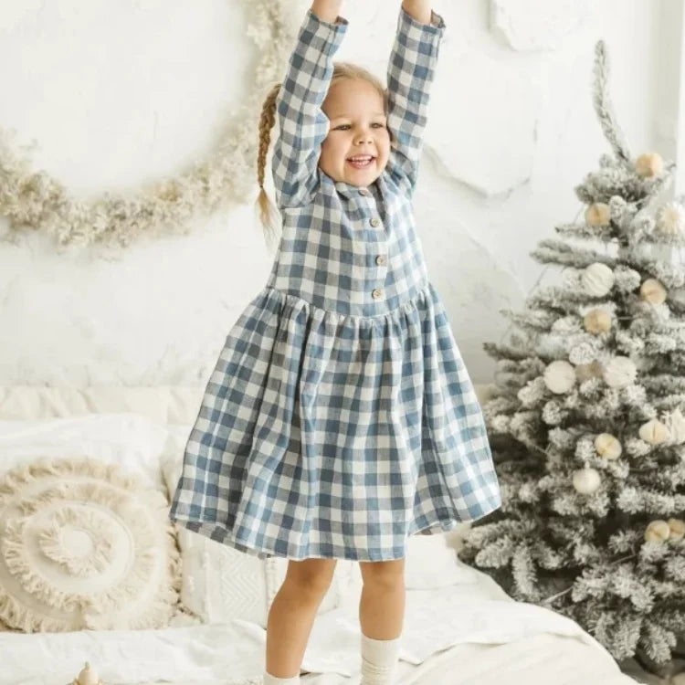 Girls Nordic Linen Dress - Blue-White Gingham Autumn