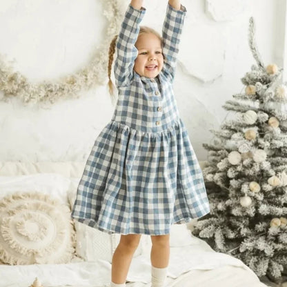 Girls Nordic Linen Dress - Blue-White Gingham Autumn
