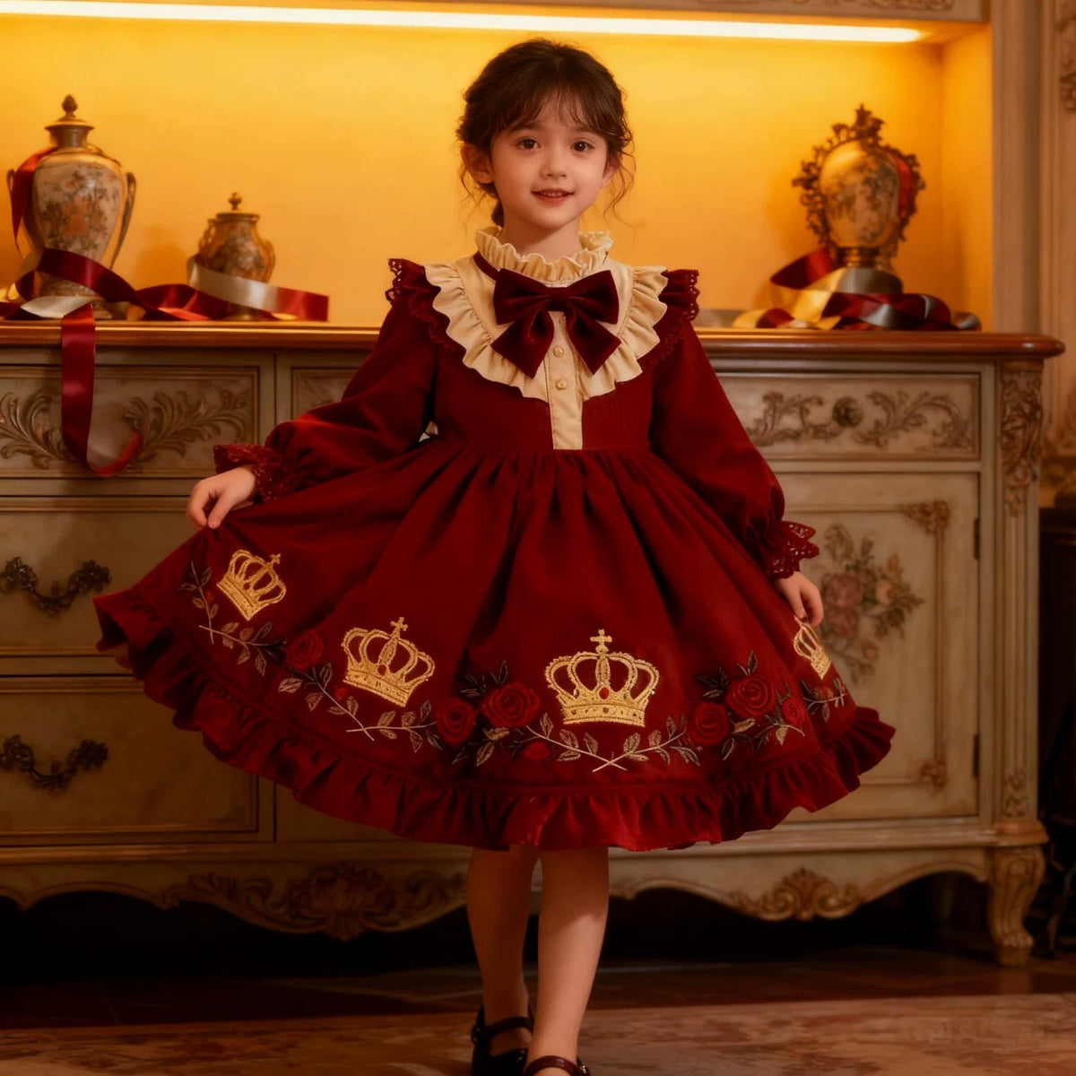 Girls Crown-Embroidered Court-Style Dress - Fleece-Lined Festive Princess Gown
