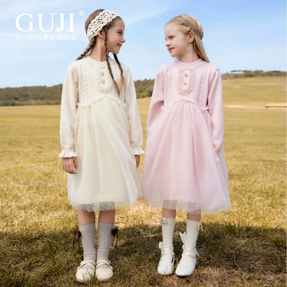 Girls Princess Tulle Sweater Dress - Midi Knit Gown with Mesh Skirt