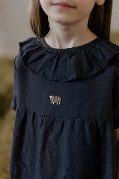 Girls Nordic Linen Dress with Ruffle Collar - Alice Embroidery Short Sleeve