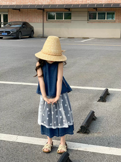 Girls Denim Vest & Wide-Leg Pants Set with Mesh Skirt - Summer Layering
