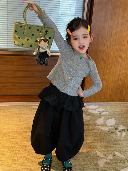 Girls Colourful Button Cardigan & Lantern Pants Set - Korean Layering