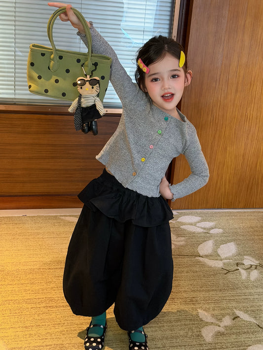 Girls Colourful Button Cardigan & Lantern Pants Set - Korean Layering