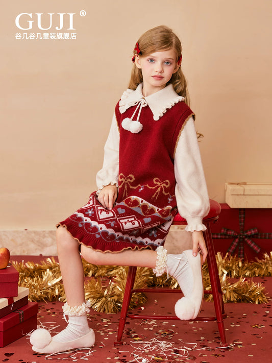 Girls Red Knit Dress - Winter Long Princess Sweater Dress