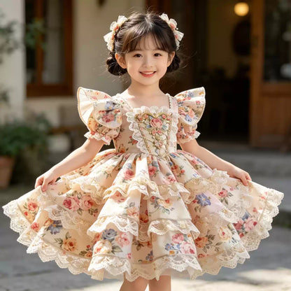 Girls Floral Couture Lolita Dress - Embroidered Birthday Princess Gown with Hair Accessory Option