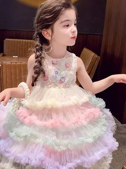 Girls Rainbow Layered Pinafore Dress - French-Style Princess