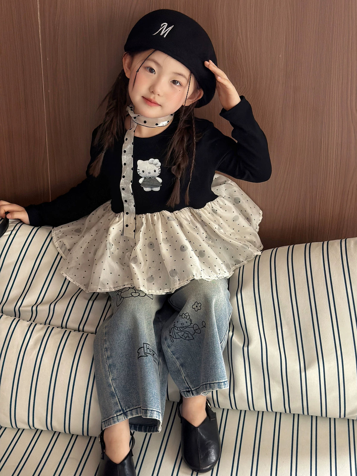 Girls Mesh-Panel Kitty Top & Jeans Set - Sweet Autumn Two-Piece