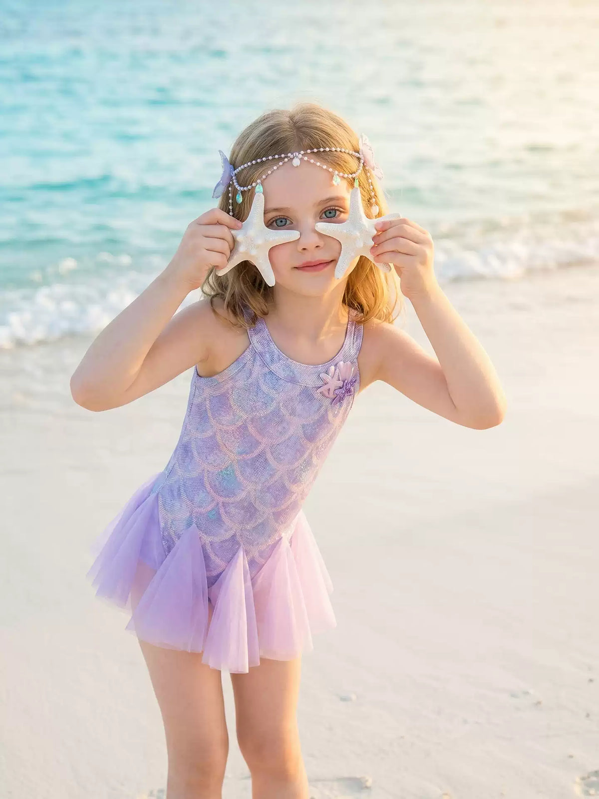 Girls Mermaid Swimsuit - Gradient Princess Swim Dress with Cap