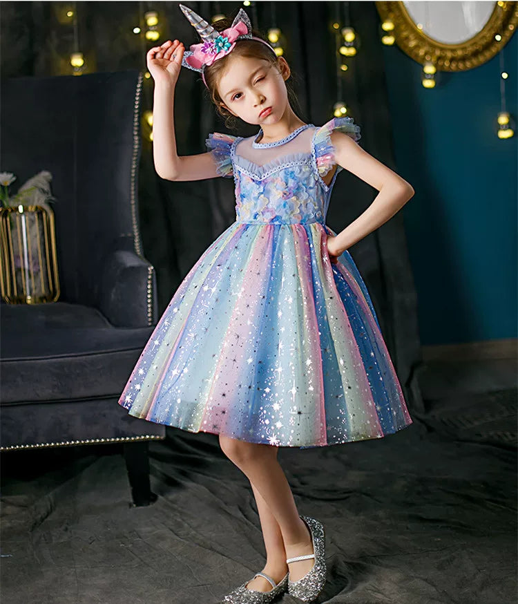 Girls Elsa Rainbow Princess Dress - Puffy Mesh Stage Gown