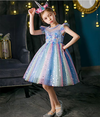 Girls Elsa Rainbow Princess Dress - Puffy Mesh Stage Gown