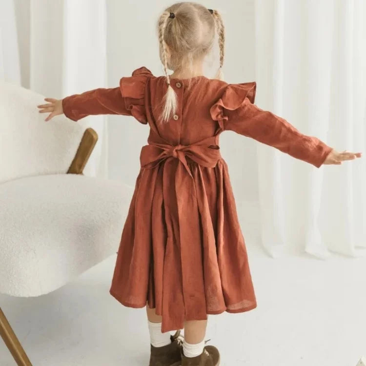 Girls Nordic Linen Dress - Classic Long-Sleeve Autumn