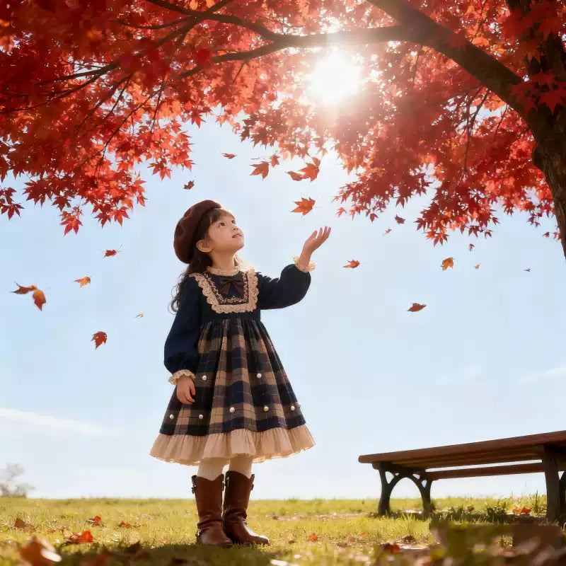 Girls Preppy Plaid Lolita Dress - Fleece-Lined Birthday Princess Gown