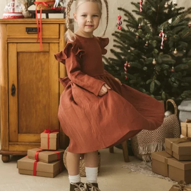 Girls Nordic Linen Dress - Classic Long-Sleeve Autumn