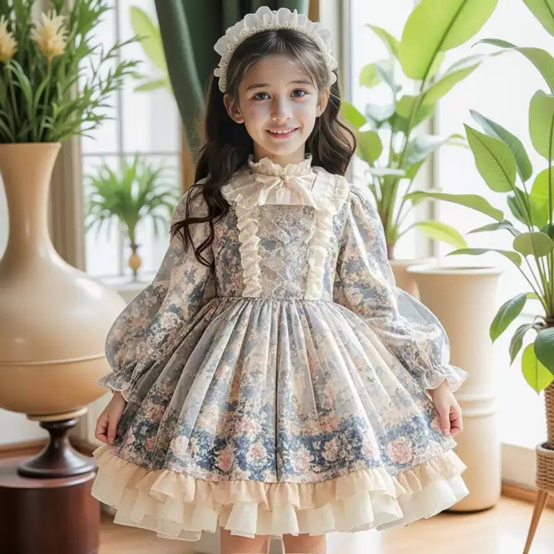 Girls Floral Lolita Dress - Puffy Birthday Princess Gown, Unlined or Fleece-Lined